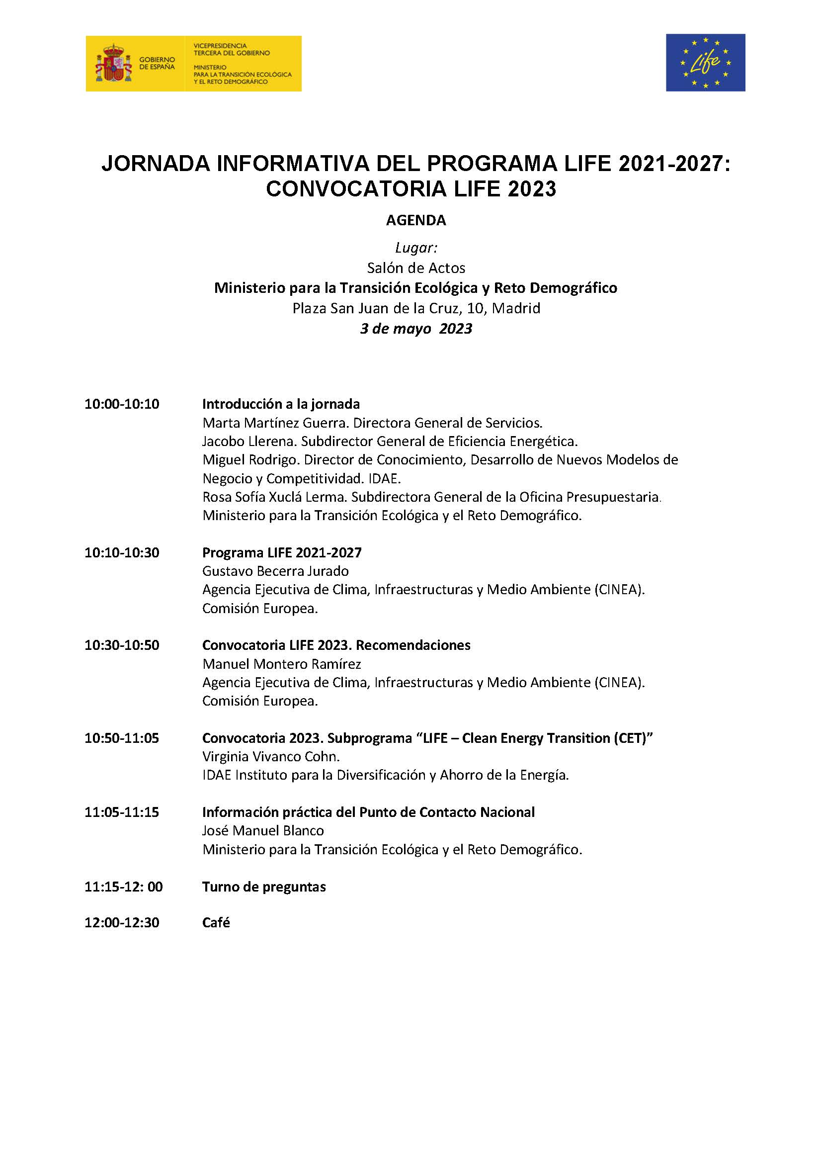 Agenda "Jornada informativa del Programa LIFE 2021-2027: Convocatoria LIFE 2023"